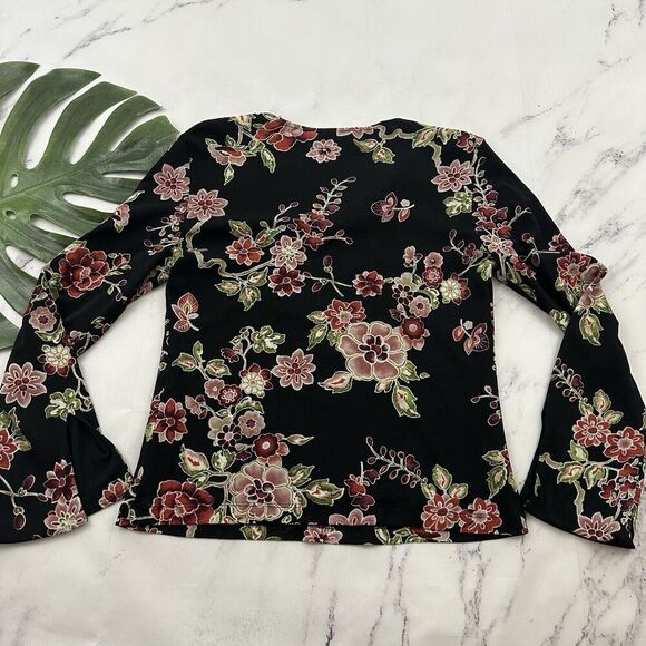Hillard Hanson Womens Vintage Y2k Mesh Knit Top Size M Black Pink Floral Bell - Picture 7 of 11